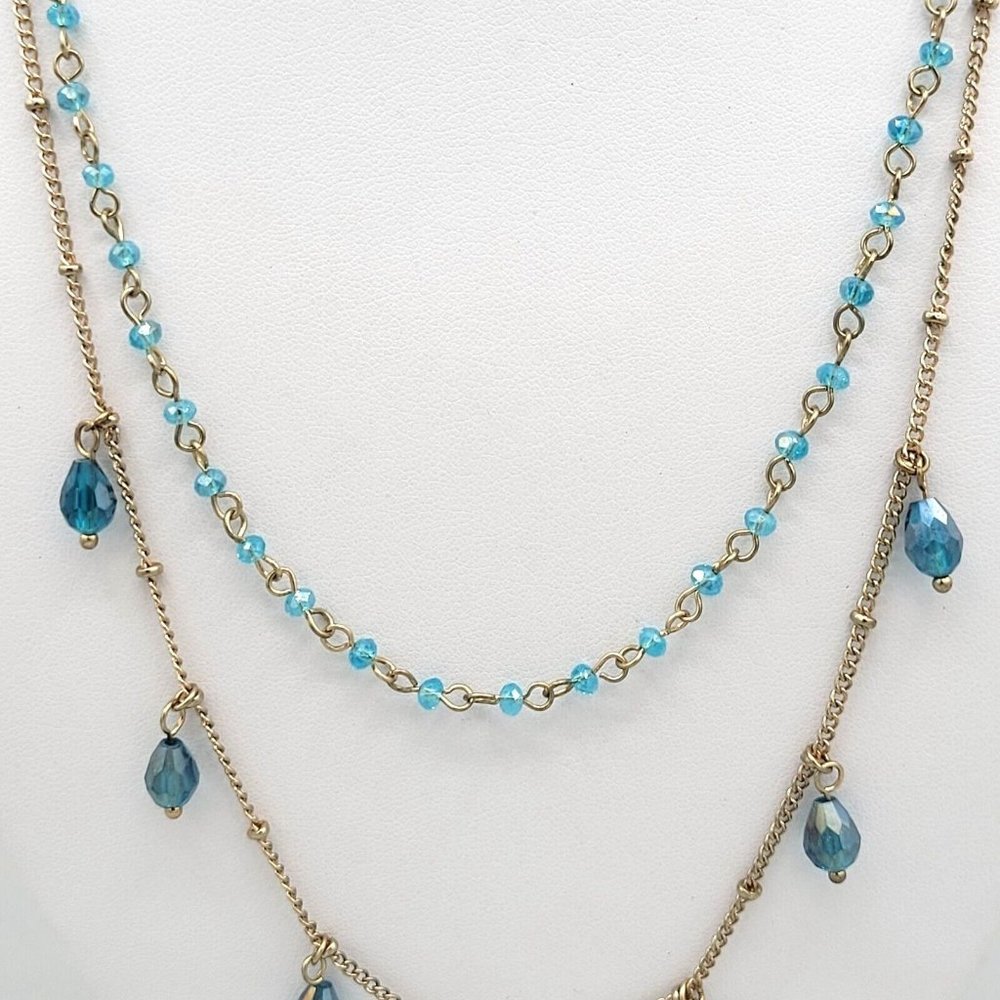 Womens Gold Tone Double Strand Layered Necklace Blue Charm Beads 17 in - Picture 5 of 8